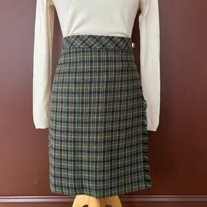 Talbots Plaid Wool Skirt Olive Green Tartan Fringe Pencil High Waist Skirt 4